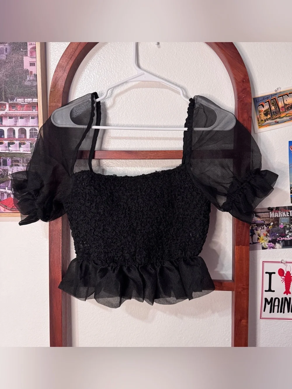 Staud Black Organza Puff Sleeve Crop Top